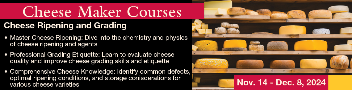 Banner for cheese ripening  course, Nov. 14-Dec. 8, showing cheeses resting in storage shelves